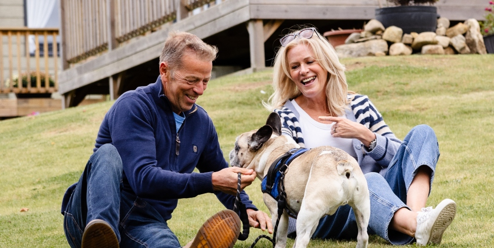 dog sat with owners on the grass

